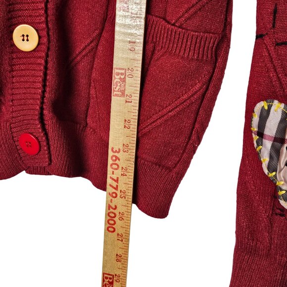 Colorful Embroidered Patchwork Red Cardigan Sweater Button Front Pockets Size M - Picture 7 of 9